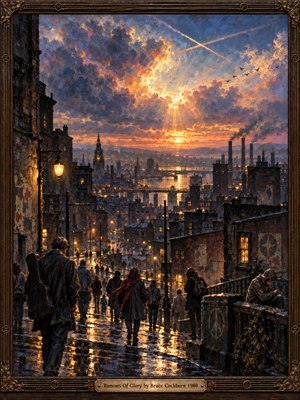 A rain-darkened city descends toward a glowing industrial waterfront beneath a dramatic sunset, where crossed vapor trails and radiant clouds suggest fragile hope. Lone pedestrians move along reflective streets among worn brick buildings and smokestacks. Rich oil-paint textures, deep blues, amber light, and an ornate bronze frame create a solemn, transcendent mood.