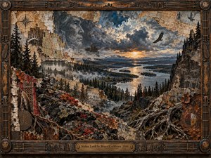 A richly layered mixed-media wilderness spreads beneath stormy blue-gray clouds, glowing sunset, winding water, dark forests, and rugged stone. Torn maps, faded photographs, symbolic markings, roots, feathers, and weathered textures suggest memory and dispossession. An ornate wood-and-bronze frame with musical details reinforces the solemn, historical atmosphere.