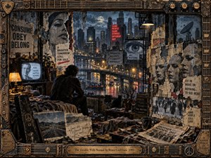 A solitary figure sits in a cluttered room overlooking a rain-soaked city, surrounded by torn posters, television glow, surveillance imagery, and distressed urban textures. Smoky blues, rust, amber light, and neon red create a tense, reflective mood. Mixed-media collage details and a weathered musical frame suggest conformity, anxiety, and quiet resistance.