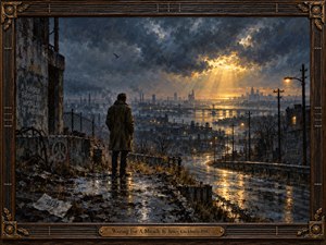 A solitary figure overlooks a rain-soaked industrial city beneath turbulent blue-gray clouds as golden light breaks through toward the distant skyline. Wet roads, bridges, utility poles, rubble, and glowing streetlights create a somber yet hopeful atmosphere. Rich oil-paint textures, dramatic reflections, and an ornate dark wood and bronze frame complete the scene.