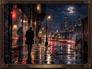 A solitary figure walks through a rain-soaked city at night, surrounded by glowing streetlamps, red neon reflections, drifting steam, and a moonlit skyline. Deep blues, charcoal shadows, and warm amber highlights create a cinematic, romantic mood, while a ghostly reflected companion adds longing, memory, and dreamlike intimacy.