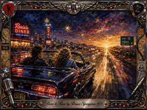 A young couple races through the night in a gleaming black convertible, leaving neon diners and city lights behind for an open highway glowing beneath a fiery sunset. Rich blues, reds, golds, and chrome create a restless, romantic mood. Expressive oil-painted textures, dramatic reflections, and an ornate rock-and-roll frame amplify the sense of freedom.