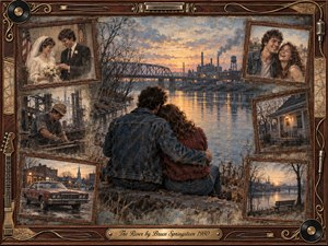 A young couple sits closely beside a reflective river at dusk, surrounded by framed memories of marriage, work, home, youth, and small-town life. Muted blues, sepia browns, rust reds, and amber light create a bittersweet mood. Painterly oil, acrylic, and watercolor textures blend with an ornate rosewood musical frame.