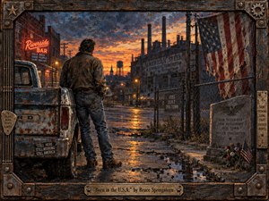 A lone worker stands beside a battered pickup, facing an abandoned steel town beneath a fiery sunset. Rusted factories, wet pavement, faded flags, fencing, and a veterans memorial create a somber, resilient mood. Rich oranges, steel blues, and weathered browns glow through painterly textures within a rugged industrial frame.