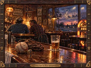 A warmly lit, painterly tavern scene captures two middle-aged men sharing memories at a polished wooden bar, while a worn baseball, glove, ring, and beer glow in the foreground. Sunset blues and amber golds fill the room, a jukebox hums nearby, and a ghostly ballplayer in the window suggests nostalgia, pride, and passing time.
