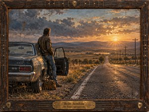 A solitary traveler stands beside a weathered muscle car on an empty country road, watching the sun break beneath stormy clouds. Warm gold light spreads across dry fields and distant hills, balancing loneliness with fragile hope. Richly textured painterly surfaces, muted earth tones, aged details, and a rustic guitar-string frame deepen the reflective mood.