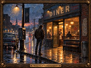 A solitary man stands outside a glowing roadside diner on a rain-soaked evening, facing a waitress framed in the doorway. Cool blue streets and wet reflections contrast with warm amber interior light, creating longing and emotional distance. Thick, expressive oil-paint textures, vintage details, and an ornate musical frame deepen the nostalgic mood.