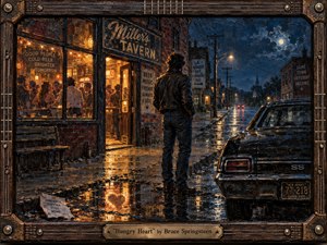 A solitary man stands on a rain-soaked street outside a glowing neighborhood tavern, caught between warmth, companionship, and the dark road ahead. Amber window light contrasts with deep midnight blues, reflecting across wet pavement and a black muscle car. Textured painterly brushwork, weathered architecture, and a guitar-inspired frame deepen the restless, yearning mood.