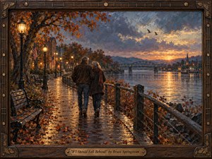 A gray-haired couple walks arm in arm along a rain-slick autumn boardwalk beside a glowing river at sunset, framed by lamplight, fallen leaves, and a distant bridge and church steeple. Warm amber and copper tones contrast with cool stormy blues in a richly textured, nostalgic oil-painting style with an ornate handcrafted frame.
