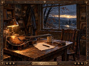 A weathered acoustic guitar rests across a scarred wooden table beside handwritten pages, notebooks, and a steaming mug in a rustic cabin. Warm amber lamplight contrasts with the cold blue dusk beyond a rain-streaked window, creating a reflective, intimate mood. Rich painterly textures, aged wood, and bronze framing suggest memory, endurance, and quiet confession.