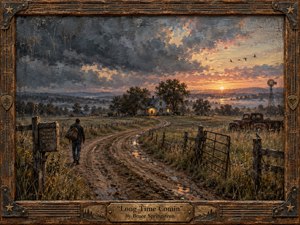 A lone traveler walks a muddy country road toward a warmly lit farmhouse beneath a dramatic sunset. Stormy blue-gray clouds open into glowing amber and rose light, suggesting renewal and homecoming. Richly textured painterly brushwork, weathered fences, an old truck, windmill, distant birds, and a rustic carved frame deepen the nostalgic mood.
