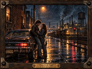 A young couple embraces beside a rain-soaked muscle car on an industrial waterfront at night. Warm amber streetlights and factory windows glow against deep blue-black skies, reflecting across slick pavement and rail tracks. Painterly textures, smoky chimneys, a freight train, and rugged guitar-inspired framing create a romantic, restless, working-class atmosphere.