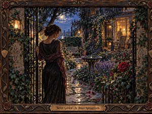 A solitary woman pauses at an ornate garden gate beneath moonlight, gazing into a lush, intimate courtyard glowing with amber lamplight. Deep blues, burgundy roses, ivy, stone paths, and a quiet fountain create a romantic, guarded mood. Painterly realism, intricate textures, warm reflections, and the carved musical frame deepen the sense of longing.