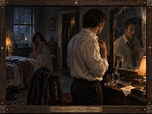 A tense couple occupies a rain-soaked bedroom, the man adjusting his tie before a weathered mirror while the woman watches from the bed. Cool blue window light contrasts with warm amber lamps, deep shadows, rumpled fabrics, and scattered personal objects. Painterly oil-and-charcoal textures and a dark handcrafted frame heighten the intimate, suspicious mood.