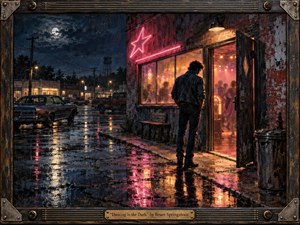 A solitary young man hesitates outside a neon-lit dance hall on a rain-slicked 1980s street, while blurred dancers glow warmly inside. Deep blues, smoky violets, amber light, and pink reflections create a restless, melancholy mood. Painterly textures, weathered brick, vintage cars, moonlit clouds, and a rugged musical frame enrich the scene.