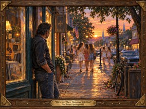 A solitary man watches young women stroll through a glowing small-town street at sunset, capturing wistful summer nostalgia and quiet longing. Warm amber light reflects across wet pavement, balanced by cool twilight blues, leafy trees, flowers, bicycles, vintage cars, and distant steeples. Rich oil-paint textures and a carved wood-and-brass frame deepen the handcrafted, cinematic mood.