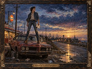 A restless young man stands atop a weathered red muscle car beside a rain-slick industrial roadside at dawn. Deep blues, rust reds, and golden light create a defiant, hopeful mood. Thick painterly textures, glowing reflections, power lines, distant factories, carnival lights, and a rugged wood-and-metal frame evoke youthful ambition and escape.
