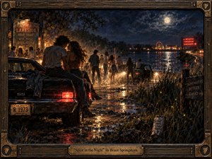 A young couple embraces beside a dark muscle car at a lively lakeside gathering, surrounded by dancers, headlights, wet earth, and distant carnival lights. Deep blues, amber firelight, and glowing reflections create a restless, romantic mood. The richly textured painted style, moonlit water, vintage details, and ornate guitar-inspired frame evoke nocturnal freedom and youthful possibility.