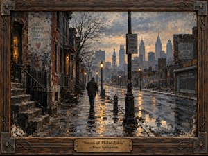 A solitary figure walks along a rain-soaked Philadelphia street at twilight, framed by weathered row houses and a distant skyline. Amber streetlights shimmer across wet pavement beneath a cold gray-blue sky, creating a mood of isolation and weary reflection. Textured painterly surfaces and a rustic wood-and-metal frame deepen the melancholy atmosphere.