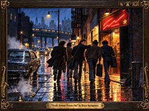 A rain-slicked city street glows with blue twilight, amber lamps, and vivid red neon as five musicians hurry toward a crowded club. Elevated trains and dark brick buildings frame the scene, while wet pavement mirrors the lights. Painterly realism, energetic movement, steam, vintage cars, and an ornate musical frame create urgent, celebratory warmth.