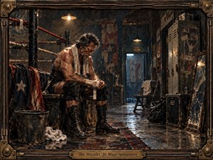 A bruised, weary wrestler sits hunched beside a ring in a dim, battered locker room, wrapped in warm amber light and cold blue shadows. Rusted lockers, a cracked mirror, wet reflective floors, and torn fabrics deepen the mood. The richly textured mixed-media style, ornate frame, and engraved title plate give the scene a handcrafted, mournful dignity.