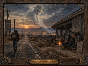A weary traveler walks a desolate highway toward a distant industrial glow while displaced families huddle around a small fire beneath a crumbling overpass. Earthy browns, smoky blues, and ember orange create a bleak, compassionate mood. Painterly oil-and-charcoal textures, stormy light, and a ghostly figure in the clouds deepen the haunting Americana atmosphere.