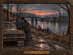 A young couple sits quietly beside a weathered car on a muddy riverbank at dusk, overlooking a steel bridge and smoky industrial town. Muted blues, rust, brown, and fading pink light create a melancholy mood. Painterly oil-and-charcoal textures, reflective water, bare trees, an empty swing, and a distressed handcrafted frame deepen the nostalgic atmosphere.