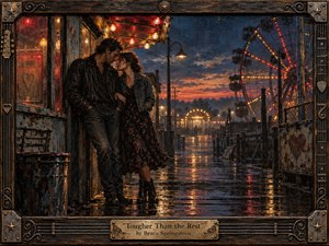 A rugged couple leans close beneath carnival lights on a rain-slick boardwalk at dusk, their quiet intimacy framed by a glowing Ferris wheel and weathered seaside structures. Deep blues, amber highlights, and sunset reds create a tender, resilient mood in this richly textured, handcrafted painting, enclosed by an ornate, guitar-inspired decorative frame.