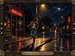 A solitary young man dances beneath a glowing streetlamp on a rain-slicked small-town street, surrounded by dark storefronts, parked cars, and distant houses. Deep blues, charcoal shadows, amber light, and muted red neon create a restless, cinematic mood, rendered in richly textured, handcrafted oil-and-acrylic style with a rugged musical frame.