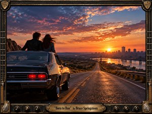 A vintage black muscle car rests on a winding highway above a glowing riverfront city, with a young couple silhouetted against a dramatic sunset. Deep blues, fiery oranges, and golds create a restless, hopeful mood. Cinematic realism, reflective pavement, rugged hills, bridge, and a handcrafted guitar-inspired frame reinforce freedom, escape, and youthful possibility.