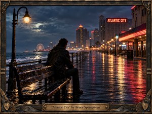 A solitary man sits on a rain-soaked boardwalk overlooking dark Atlantic waves and a glowing Atlantic City skyline. Moody blue-black clouds and moonlight contrast with vivid red, amber, and gold neon reflections. The cinematic film-noir scene feels lonely and tense, framed by weathered metal, nautical motifs, guitar details, and an engraved bronze title plate.
