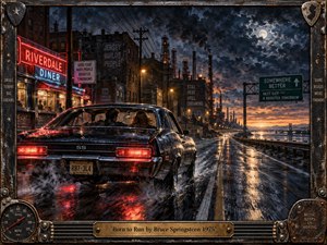 A black muscle car carrying two figures speeds along a rain-slick industrial highway beneath a turbulent moonlit sky. Neon diner lights, refinery towers, and a distant sunrise create a restless mood of escape and possibility. Deep blues, fiery reds, reflections, spray, and a weathered metal frame give the scene cinematic, painterly intensity.