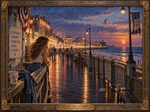 A young woman leans along a rain-slick Asbury Park boardwalk at sunset, surrounded by glowing carnival lights, a Ferris wheel, ocean surf, flags, and distant crowds. Warm amber reflections contrast with deep blue and violet skies, creating a wistful, romantic 1970s mood in richly textured oil-painting style.