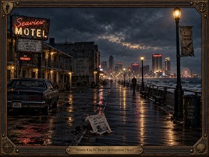 A rain-soaked Atlantic City boardwalk stretches toward glowing casinos beneath storm-heavy skies, with a lone figure moving through reflections of amber lamps and faded neon. Weathered motels, rough ocean waves, a vintage car, and scattered debris create a tense, melancholic cinematic photograph framed in dark wood and tarnished brass.