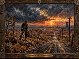 A lone traveler with a battered guitar case overlooks a rugged badlands highway leading toward a distant industrial town beneath turbulent storm clouds and a fiery sunset. Rich rust, amber, charcoal, and blue tones heighten the defiant mood, while expressive oil brushwork, weathered signs, utility poles, and a rugged musical frame reinforce resilience and hope.