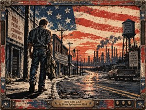 A lone working-class man walks through a worn industrial town beneath a huge weathered American flag sky. Factories, telephone poles, faded storefronts, a water tower, and an old pickup frame the road ahead. Distressed red, cream, blue, and black screen-print textures create a gritty, reflective, defiant mood.