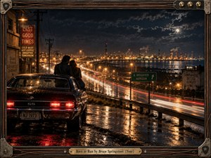 A young couple rests beside a rain-slicked muscle car overlooking a glowing industrial shoreline and sweeping highway. Long-exposure light trails, wet reflections, amber streetlights, and a clouded moon create a restless, romantic nighttime mood. Cinematic 1970s photographic styling and a weathered rock-inspired frame emphasize escape, urgency, and possibility.
