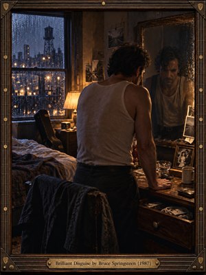 A solitary man leans over a worn dresser in a dim, rain-soaked room, confronting his troubled reflection in an aged mirror. Warm amber lamplight contrasts with cool blue city rain beyond the window. Cinematic analog-film grain, muted browns, deep shadows, scattered photographs, and a guitar case heighten the tense, introspective mood.