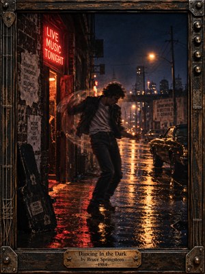 A restless young man dances through a rain-soaked city street outside a glowing music venue, surrounded by neon red, amber streetlights, wet reflections, worn posters, and a parked vintage car. Cinematic film grain, motion blur, deep blue shadows, and a rugged guitar-inspired frame create an urgent, lonely, hopeful 1980s atmosphere.