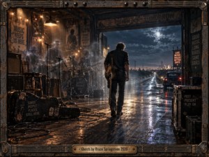 A lone guitarist walks from a weathered music hall toward a rain-slick night road, surrounded by translucent echoes of bandmates and worn instruments. Warm amber bulbs contrast with cool moonlit blues, creating a reflective, resilient mood. Cinematic photographic styling, smoky haze, wet reflections, vintage gear, and a distressed musical frame deepen the sense of memory.