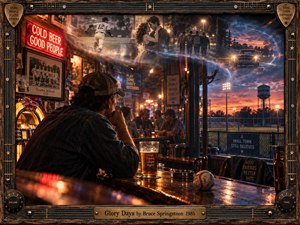 A weathered bar glows with amber neon as a solitary man reflects beside a beer glass and scuffed baseball. Ghostly memories of youth, baseball, friendship, romance, and open roads drift across the dusky small-town scene. Cinematic photographic layering, warm browns, cool blues, film grain, and a guitar-themed frame deepen the nostalgic mood.