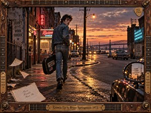 A young man in denim walks a rain-slicked 1970s city street at dusk, carrying a guitar case beneath glowing neon and amber streetlights. Warm oranges, deep blues, and reflective pavement create a cinematic, restless mood. Vintage cars, handwritten papers, storefronts, and a distant bridge suggest ambition, escape, and youthful transformation.