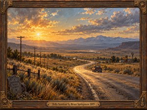 A weathered oil-painted highway winds through a vast golden valley beneath glowing sunset clouds and distant blue mountains. A lone vintage pickup travels into the open landscape, framed by telephone poles, dry grasses, fences, a motel sign, and warm Americana details. Rustic wood and bronze framing completes the reflective, hopeful mood.