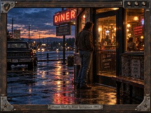 A solitary man stands outside a rain-soaked roadside diner at dusk, gazing toward its warm interior glow. Cool blue pavement, amber windows, neon reflections, distant headlights, and a weathered pickup create a cinematic early-1990s atmosphere. The detailed photographic composition balances loneliness, vulnerability, and cautious hope within a music-themed frame.