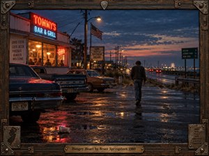 A lone man walks across rain-slick pavement from a glowing roadside bar toward an open coastal highway at dusk. Warm neon reds and amber windows contrast with cool blue skies, distant taillights, utility poles, and a faint Ferris wheel. Cinematic analog realism, reflections, vintage cars, and weathered framing create wistful, restless Americana.