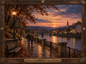 A warmly detailed oil painting shows an older couple walking beside a reflective river at sunset, framed by autumn trees, lamplight, a bridge, and a small town. Amber, rose, blue, and brown tones create a tender, nostalgic mood, while the handcrafted wood and bronze frame adds rustic musical character.