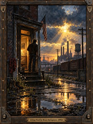 A solitary man stands on a worn porch overlooking a rain-soaked industrial neighborhood at sunrise. Golden light breaks through storm clouds, reflecting in puddles among factories, rail lines, and telephone poles. Rich oil-paint textures, deep blues, rusty browns, and warm amber highlights create a gritty yet hopeful atmosphere of endurance and renewal.