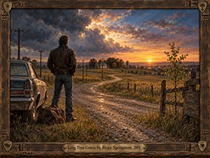 A lone traveler stands beside a weathered car and duffel bag on a winding rural road at sunset. Golden light breaks through stormy blue clouds, illuminating fields, fences, telephone poles, a farmhouse, and a young tree. Rich oil-paint textures, earthy colors, and a rustic guitar-inspired frame create a reflective, hopeful Americana mood.