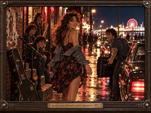 A smiling young woman turns toward friends on a rain-slicked 1970s street glowing with neon, headlights, and distant boardwalk lights. Warm reds, amber reflections, and deep blue night tones create restless romantic energy. Cinematic photographic realism, a guitar case, saxophone, vintage cars, and a Ferris wheel suggest youthful escape and possibility.