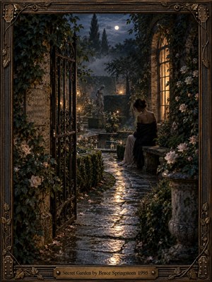 A solitary woman sits beside a moonlit garden path, framed by roses, ivy, wrought iron, and glowing windows. Wet stones reflect amber light beneath a misty blue night sky, while a distant statue and open gate deepen the quiet mystery. Cinematic photographic realism creates an intimate, melancholic atmosphere.
